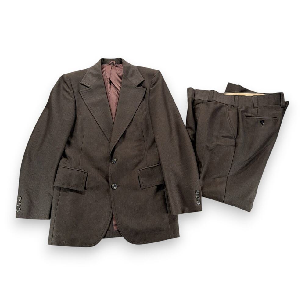 Vintage Meis Suit Mens 36 32x30 Pants Brown Flared Satin Lined 2pc Disco USA 70s